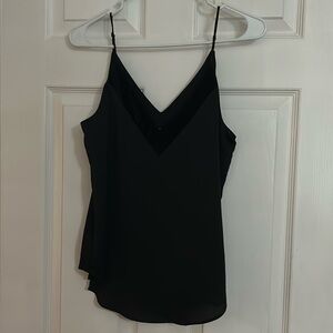 Lined black silk tank top with velvet trim